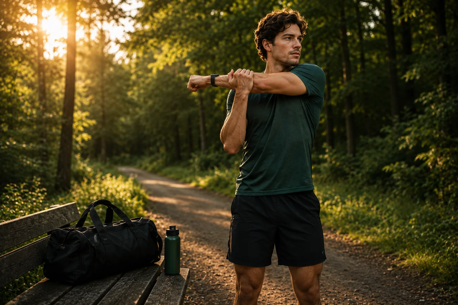 Active person stretching on a forest trail before exercise