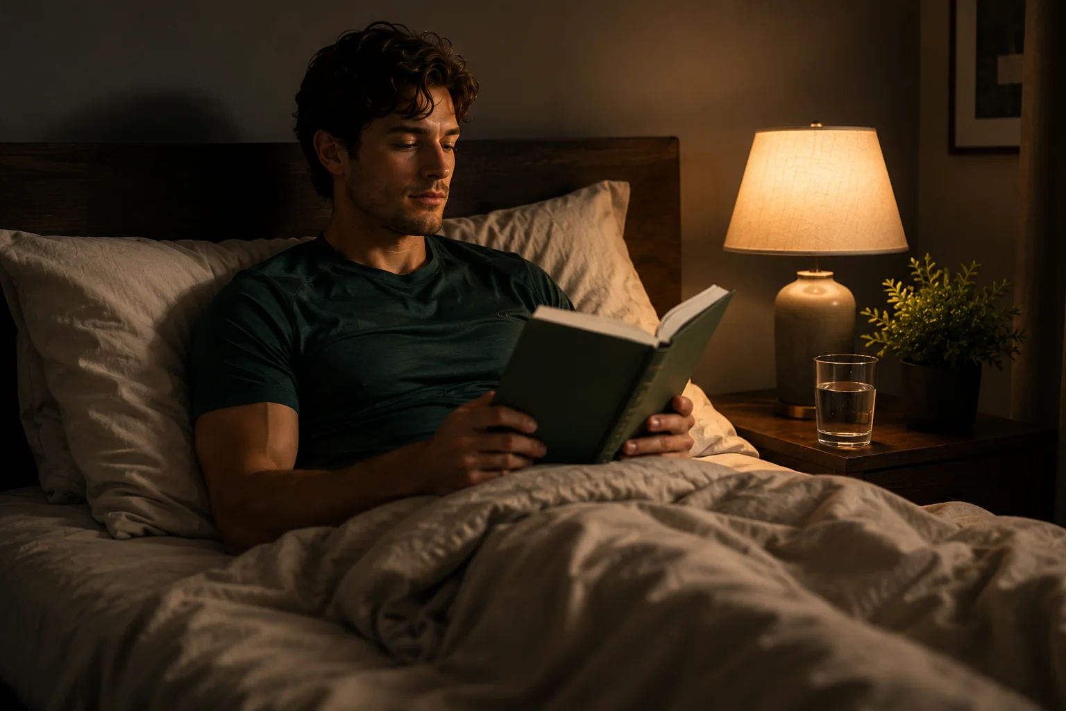 Active person winding down with a book and water before bed