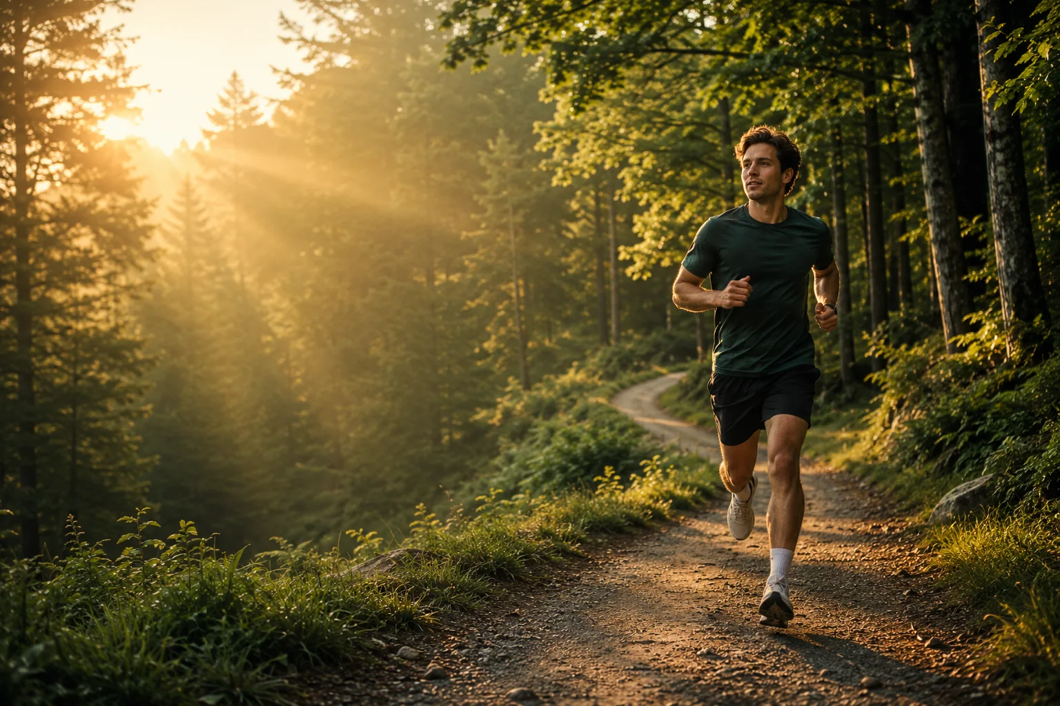 Runner moving along a sunlit forest trail
