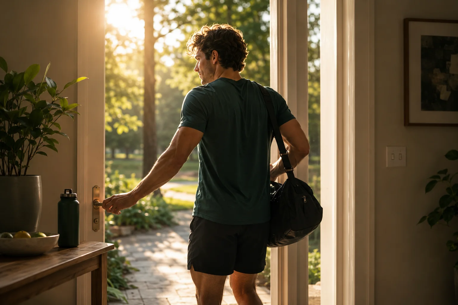 Active person leaving home in the morning with a gym bag