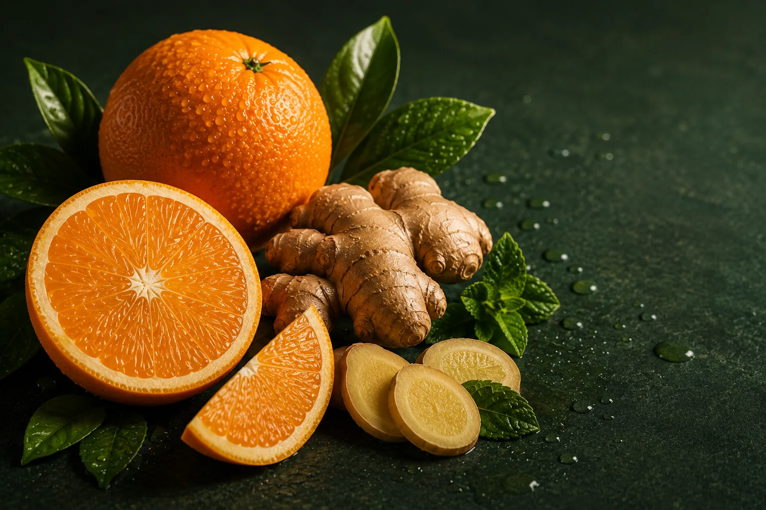 Fresh orange and ginger ingredients